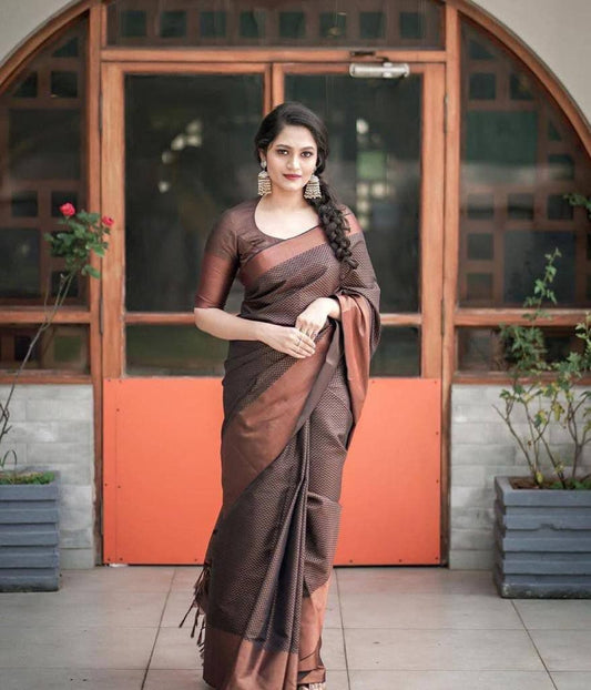 Brown Color Banarasi Soft Silk saree With Copper Zari Work