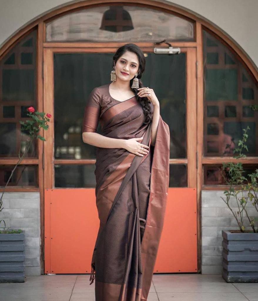 English Walnut Zari Woven Banarasi Jacquard Silk Saree by Saree Vale