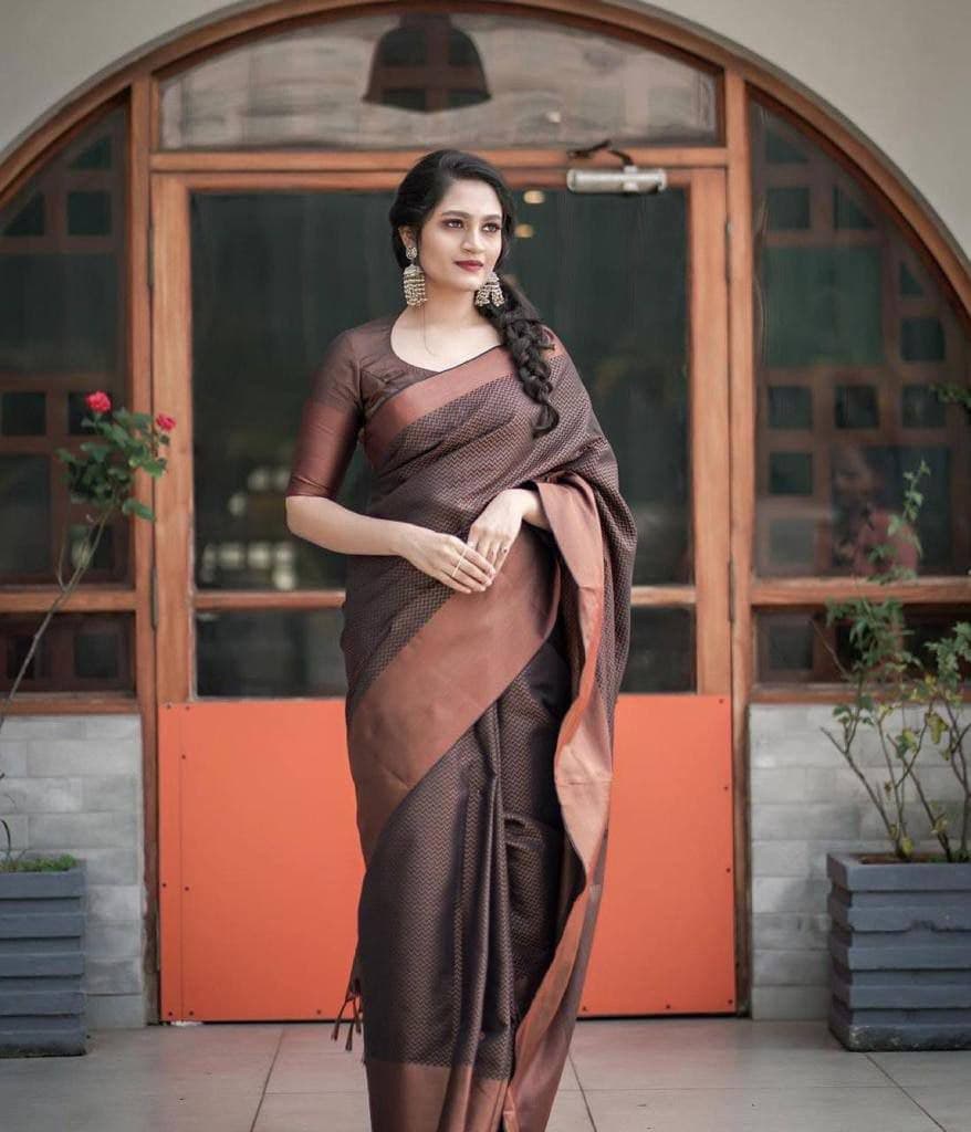 Brown Color Banarasi Soft Silk saree With Copper Zari Work