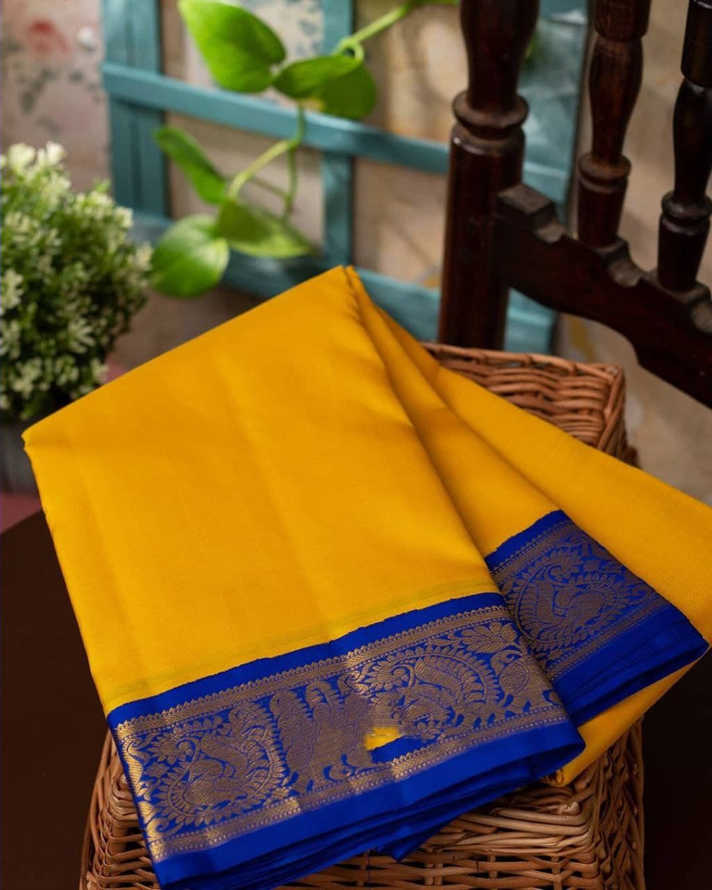 Yellow Blue Wedding Banarasi Partywear Saree