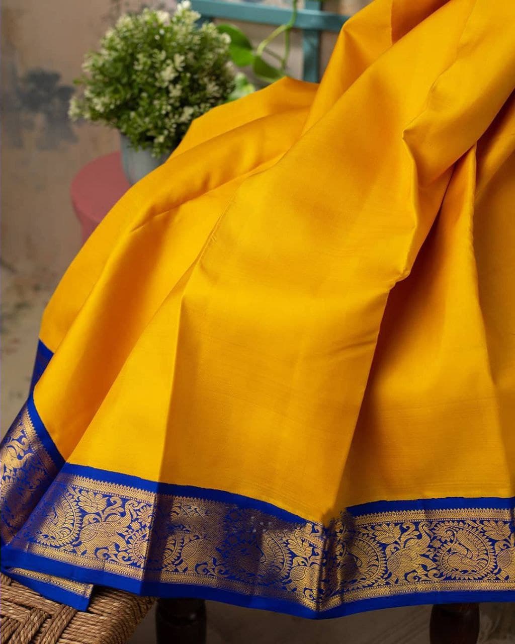 Yellow Blue Wedding Banarasi Partywear Saree