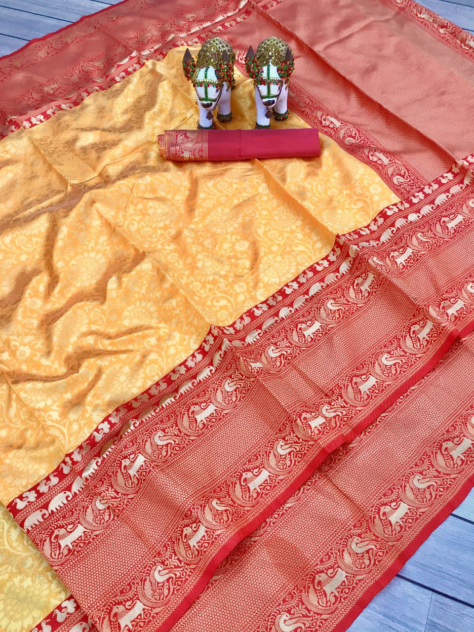 Yellow Kanjivaram Soft Silk Saree With Blouse For Women