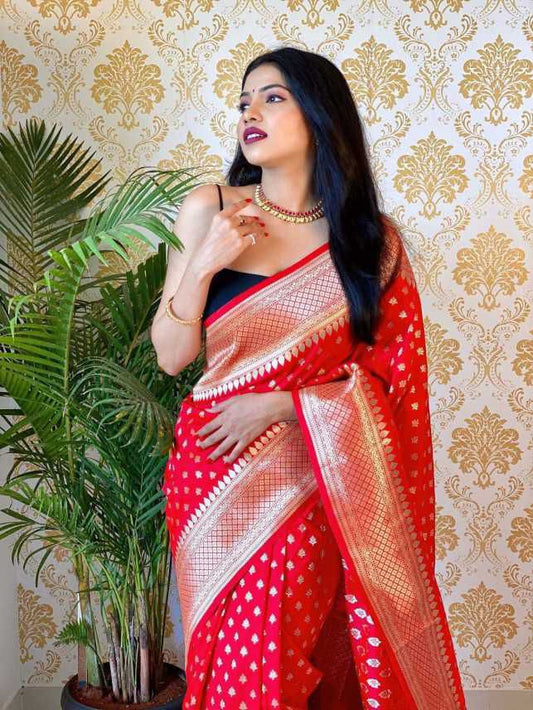 Red Soft Banarasi Silk Saree With Blouse