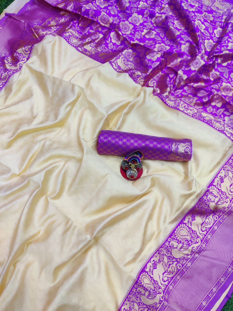 White And Purple Colour Festiv Saree For Women