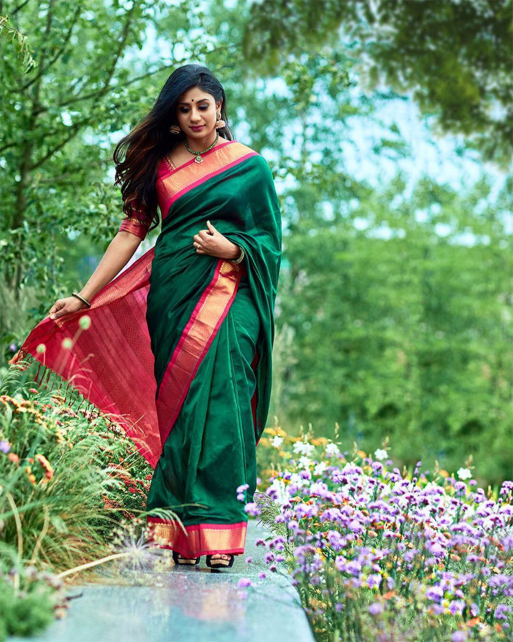 Function Wear Green and Pink Golden Design Saree