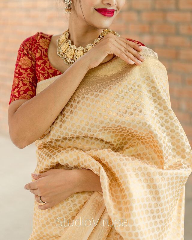 Cream Color Kanchipuram Silk Saree, Silk Saree, Soft Lichi Silk Saree,