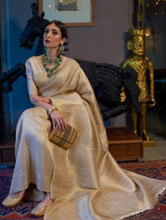 Cream Coloured Gold Ethnic Zari Silk Blend Kanjeevaram Saree