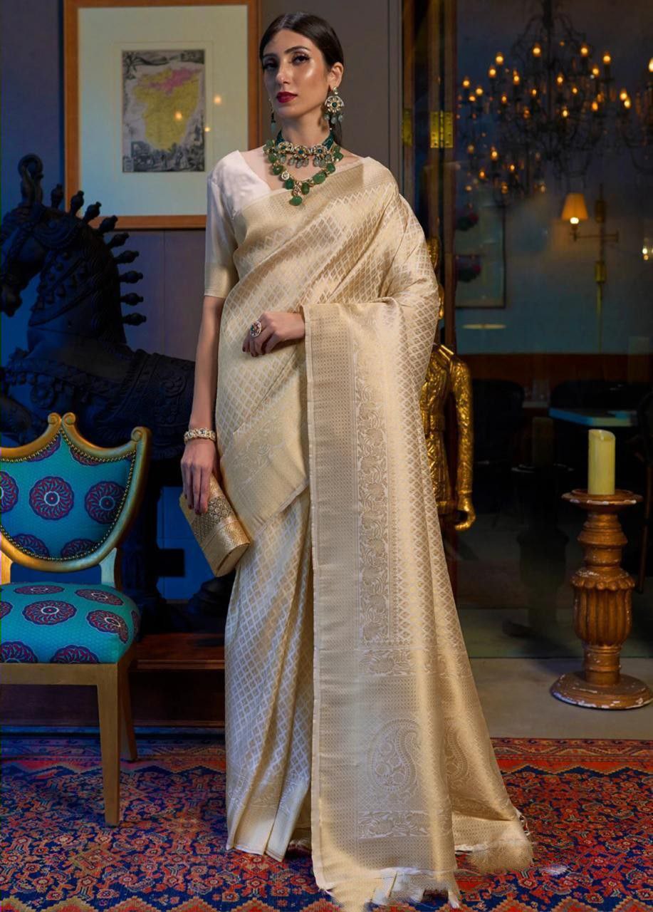 Cream Coloured Gold Ethnic Zari Silk Blend Kanjeevaram Saree