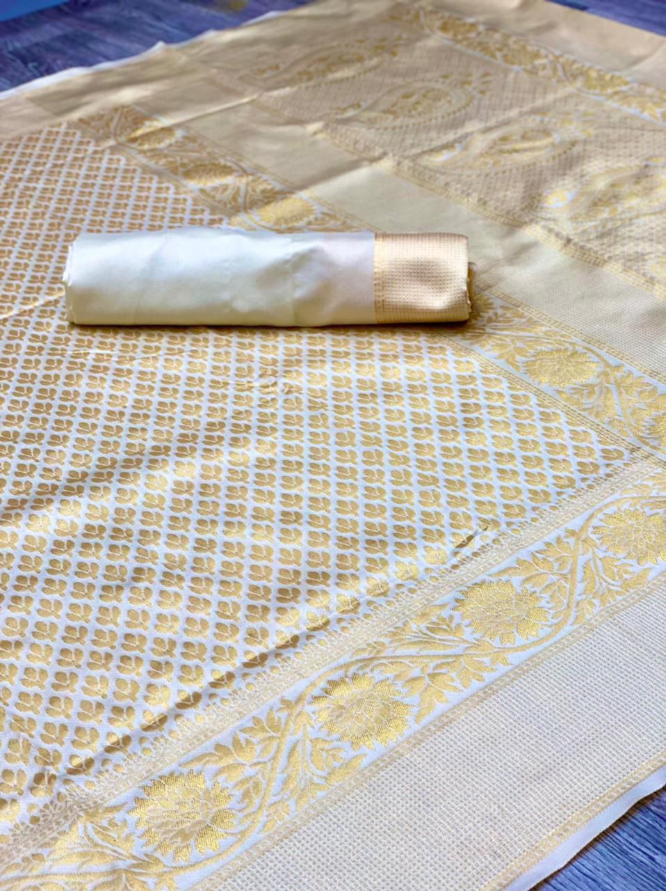 Cream Coloured Gold Ethnic Zari Silk Blend Kanjeevaram Saree