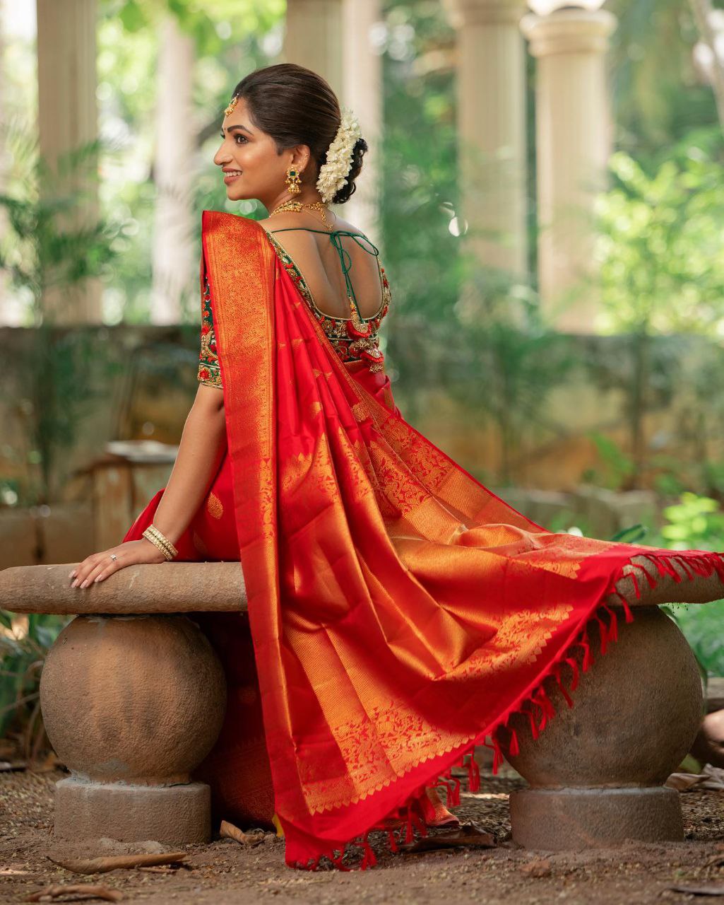 Wedding Wear Red Color Golden Jari Design Saree
