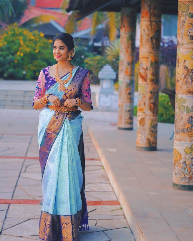 Treditional Sky Blue Soft Silk Kanjivaram Saree With Blouse