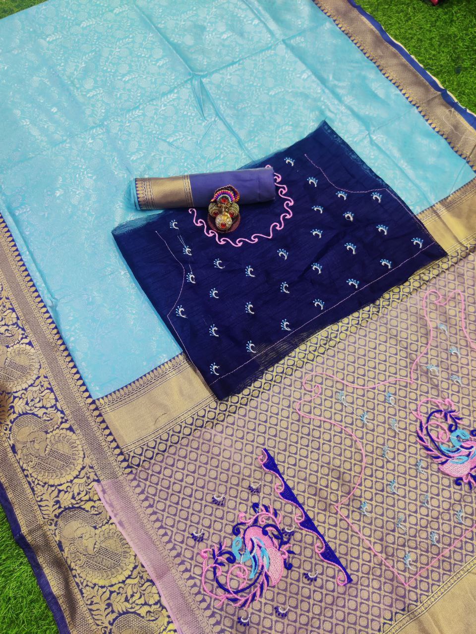 Treditional Sky Blue Soft Silk Kanjivaram Saree With Blouse