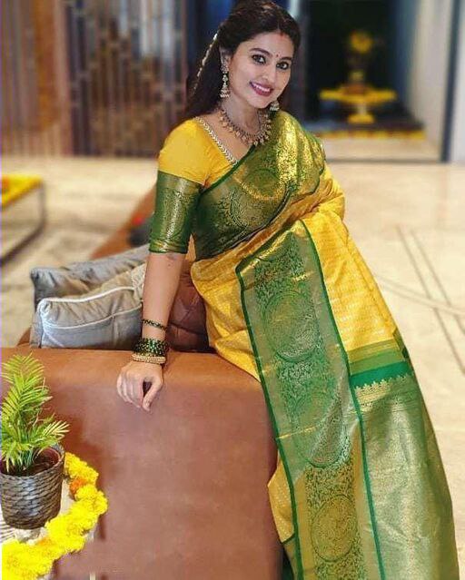 PartyWear Green And Yellow Colour Kanchipuram Saree