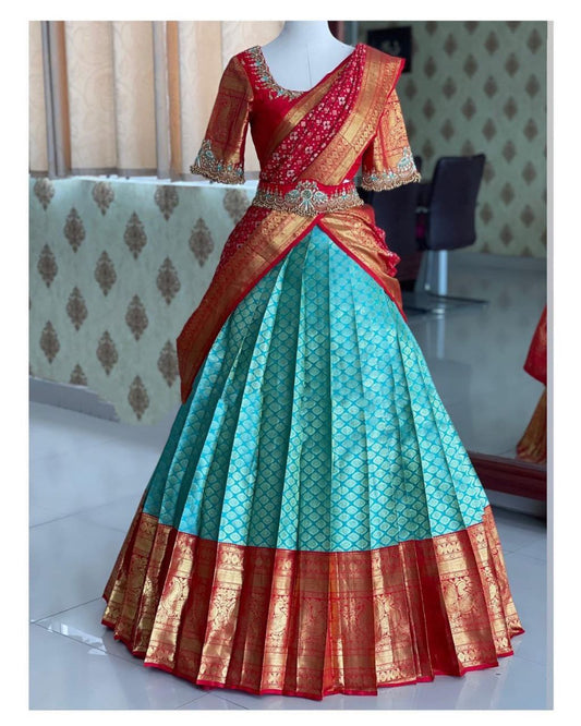 Pure Silk Light Blue Lehenga With Golden Zari Work