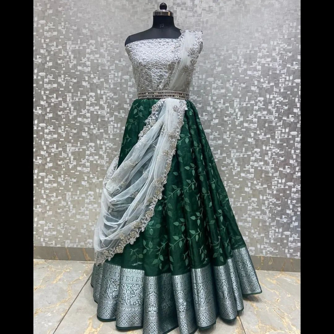 Wedding Lehenga choli with Kanjivaram Silver Zari Work