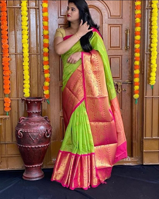 Designer Green Pink Soft Silk Saree With Unstitched Blouse