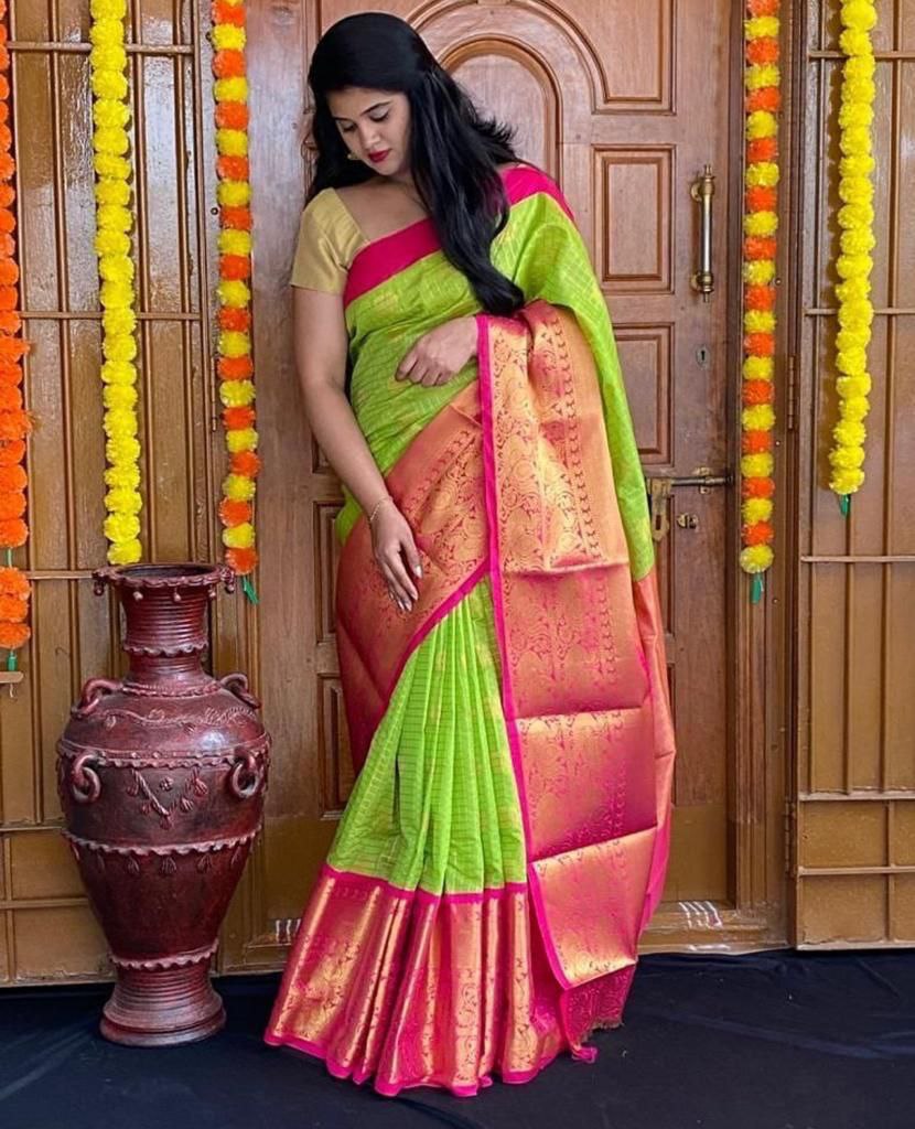 Designer Green Pink Soft Silk Saree With Unstitched Blouse