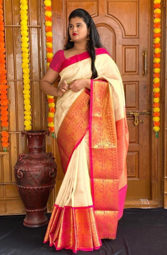 Designer Cream Red Soft Silk Saree With Unstitched Blouse