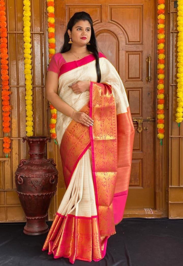 Designer Cream Red Soft Silk Saree With Unstitched Blouse