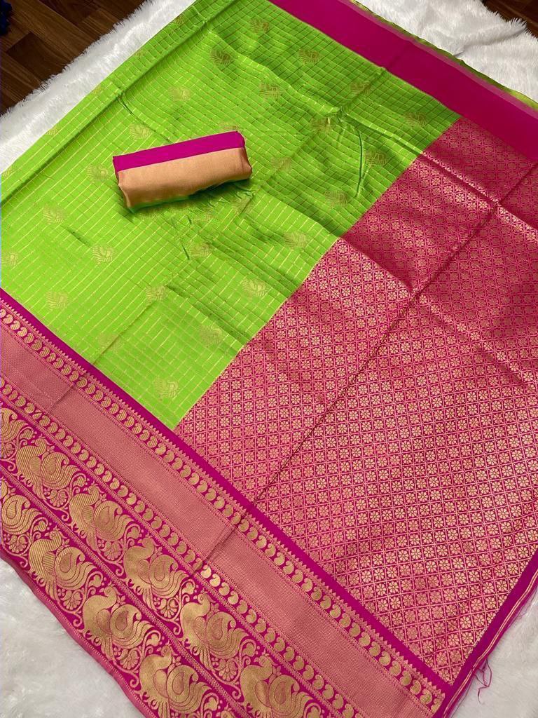 Designer Green Pink Soft Silk Saree With Unstitched Blouse