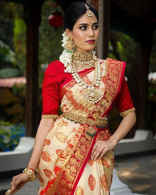 Beautiful Golden Jari Design White Red Soft Silk Saree For Women
