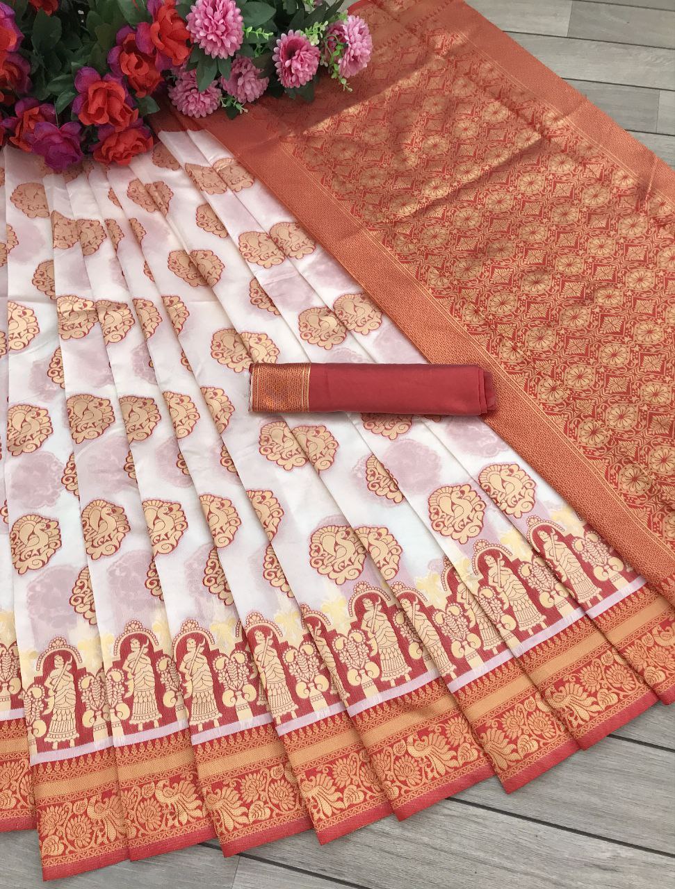 Beautiful Golden Jari Design White Red Soft Silk Saree For Women