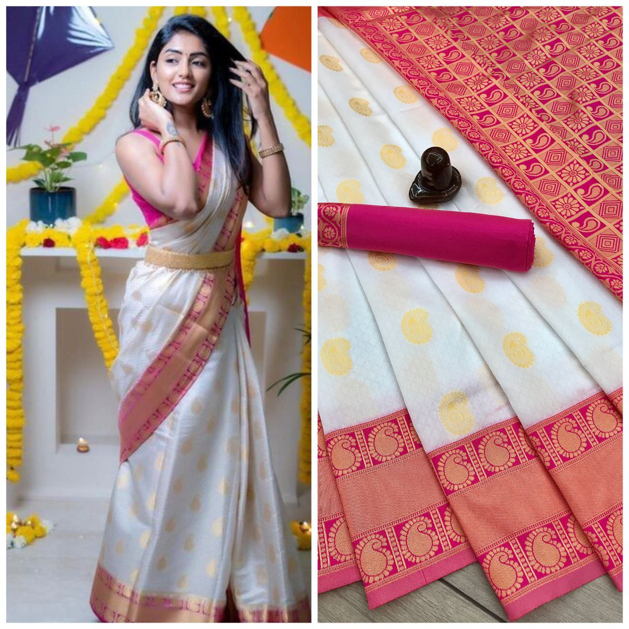 White Saree with Pink Boarder Pure Soft Silk Saree For Women