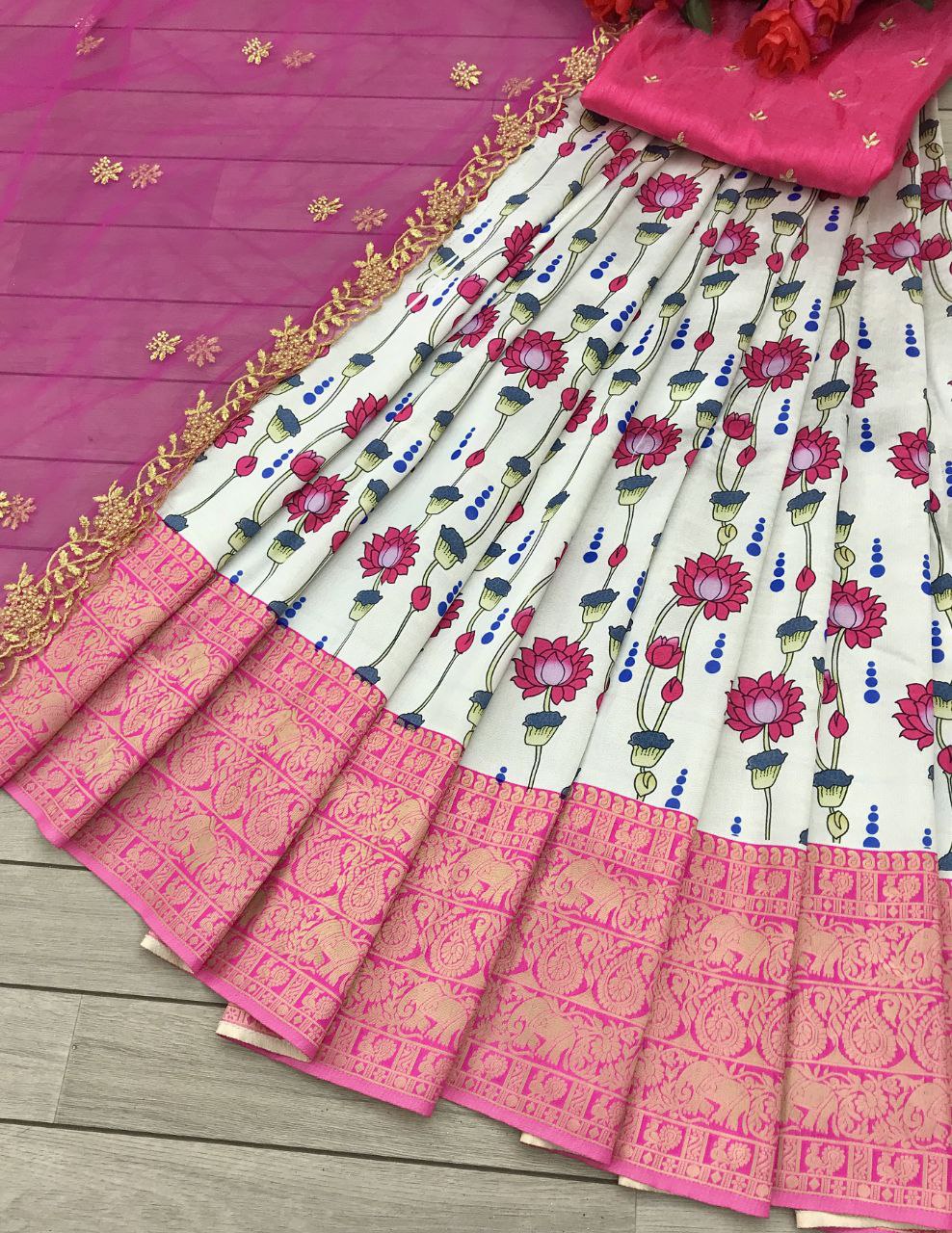 Pure Silk Half Pink saree lehenga choli with Blouse