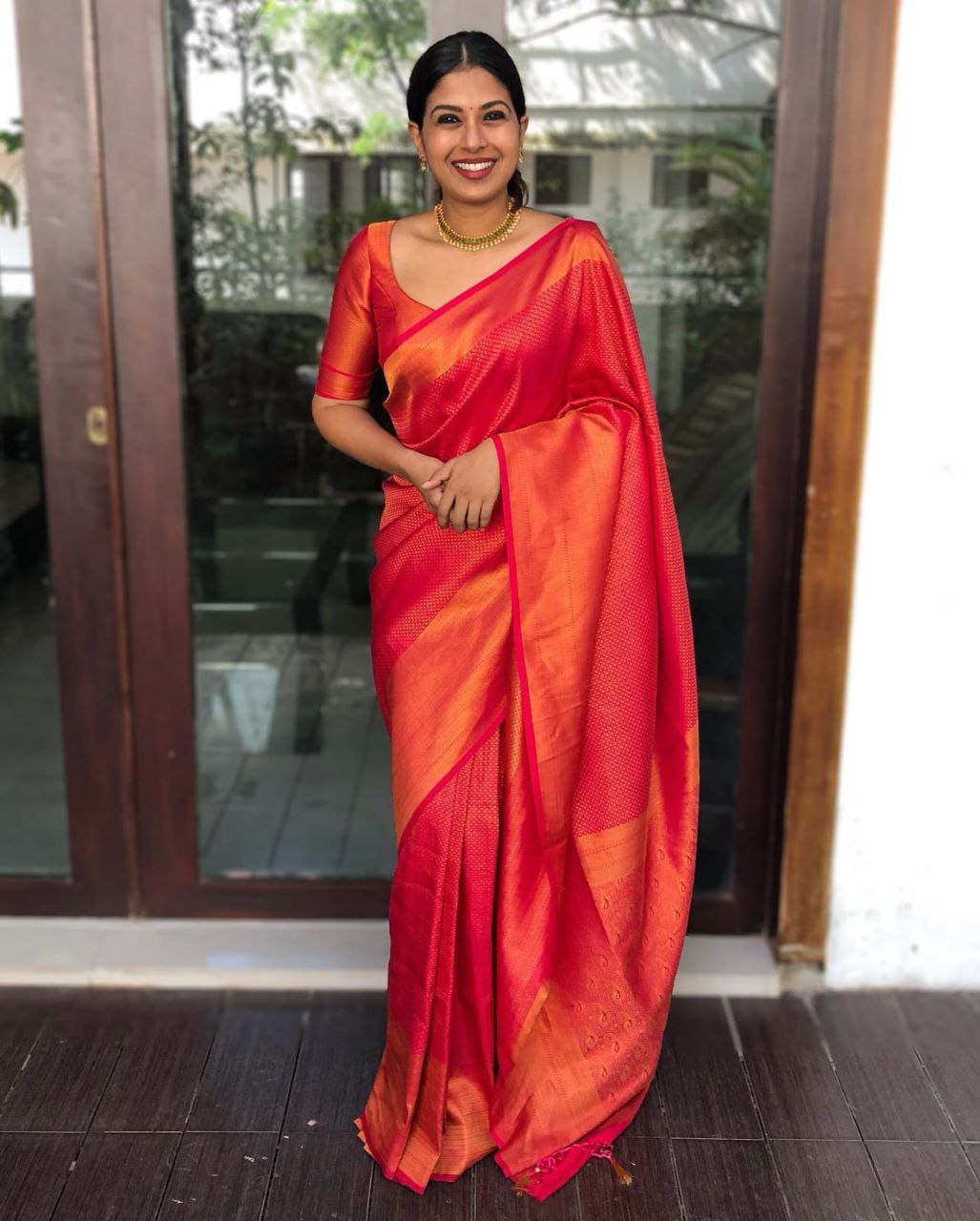 Red Silk Saree with Contrast Border For Women