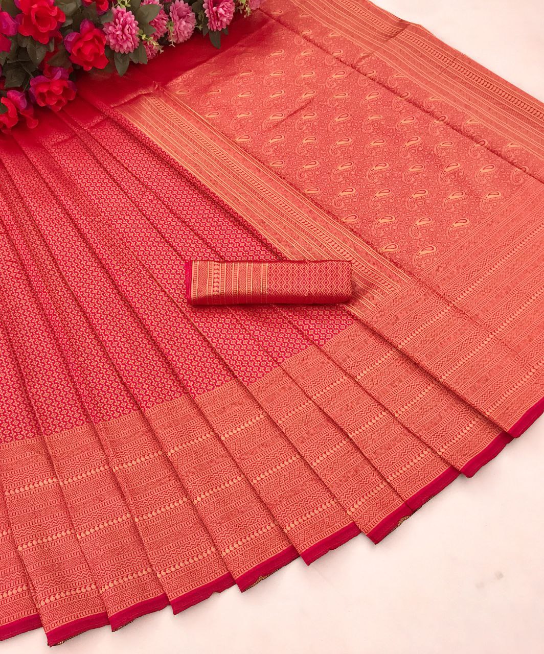 Red Silk Saree with Contrast Border For Women