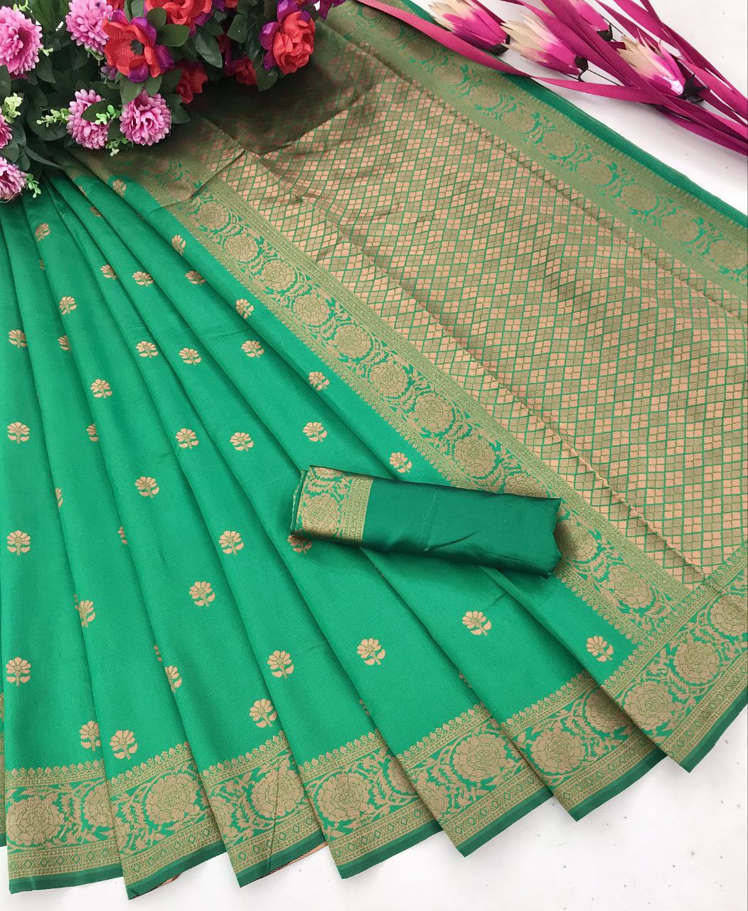 Dark Green Banarasi Beautiful Zari Work Soft Silk Saree