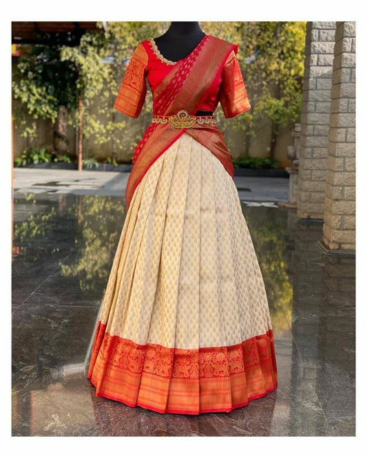 Red Pure Kanjivaram Silk Half Saree Lehenga With Blouse