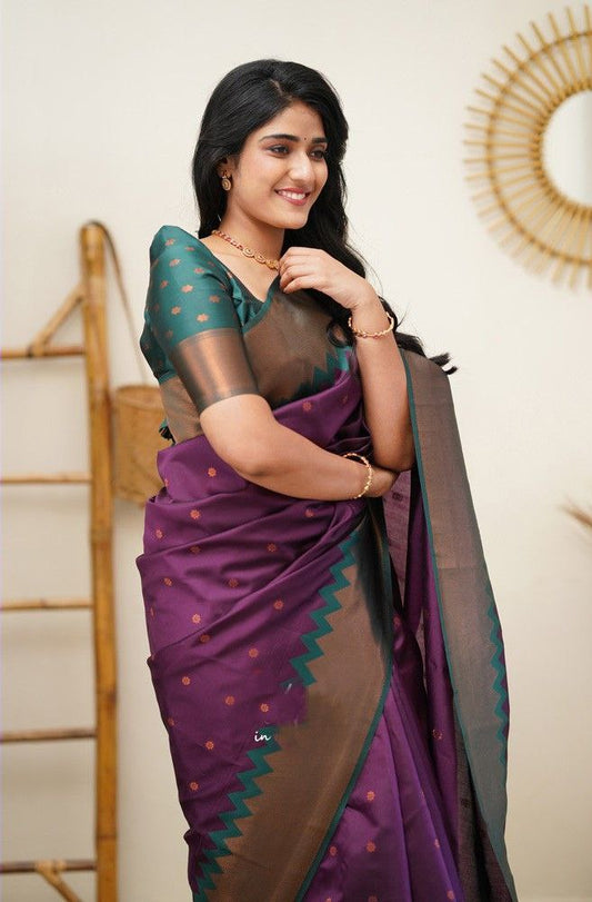 Purple Green Color Wedding wear Printed Silk Saree