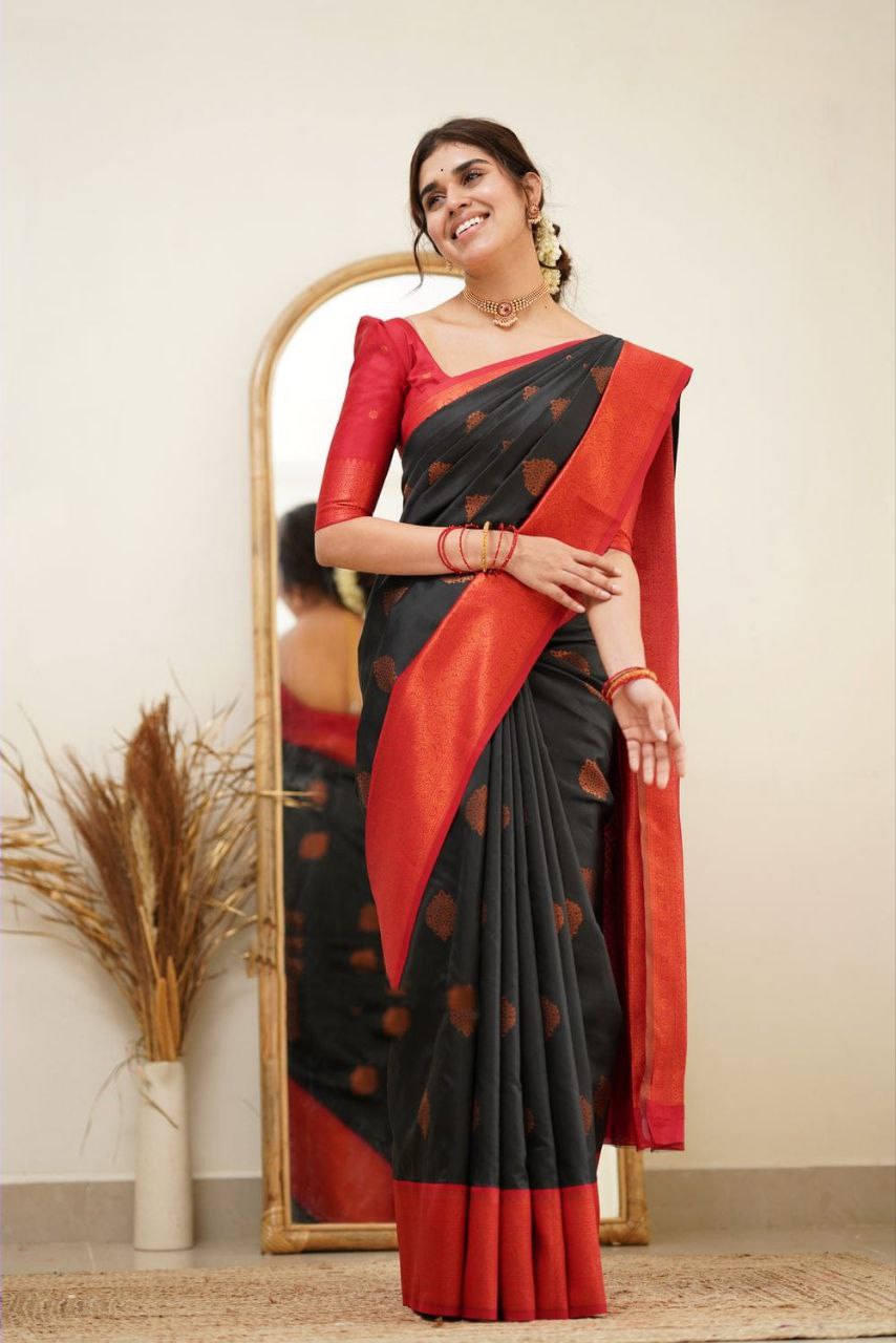 Function wear Black and Red Banarasi Silk Saree For Women