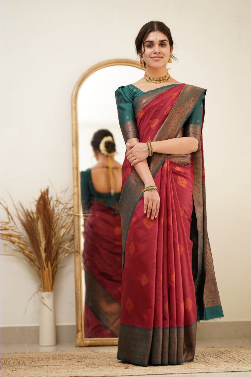 Function wear Red And Green Banarasi Silk Saree For Women