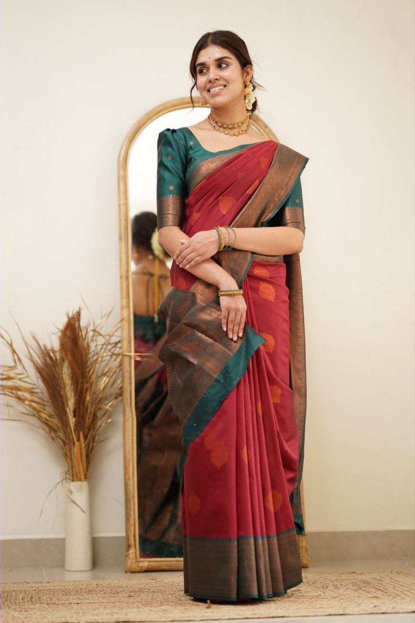 Function wear Red And Green Banarasi Silk Saree For Women