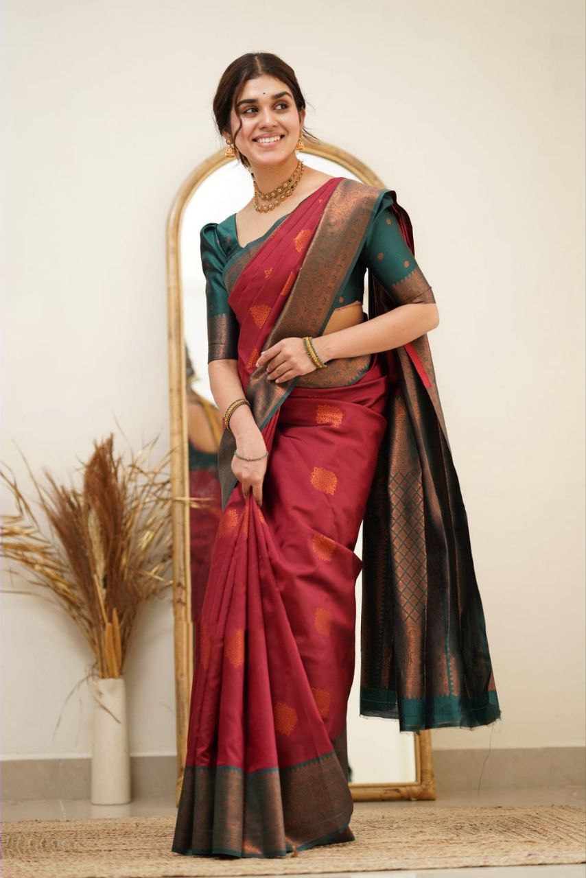 Function wear Red And Green Banarasi Silk Saree For Women