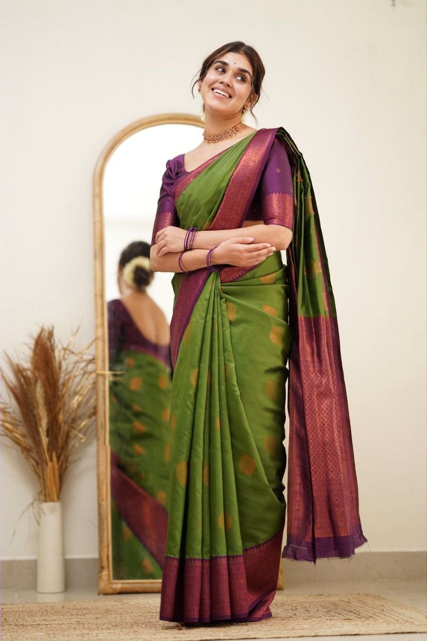 Function wear Wine And Green Banarasi Silk Saree For Women