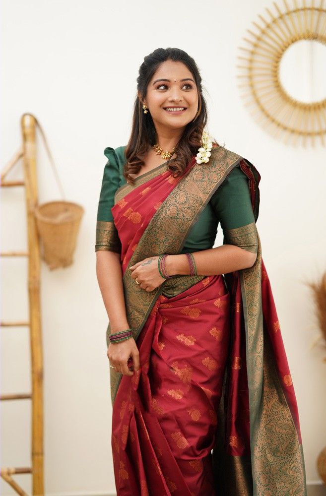 Stylish Green Soft Silk Saree with Unique Red Blouse