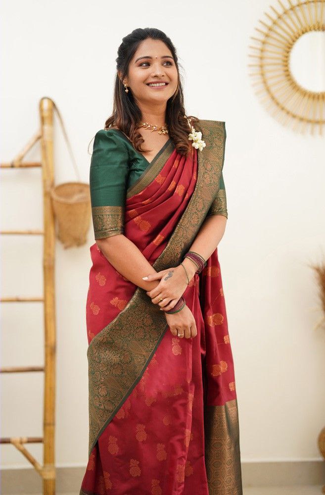 Stylish Green Soft Silk Saree with Unique Red Blouse