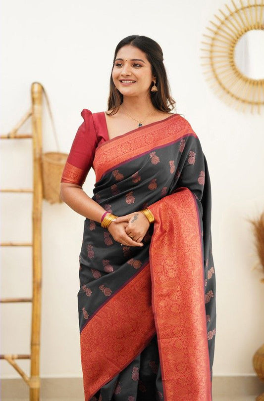 Red Black Pure Silk Banarasi Saree with Blouse