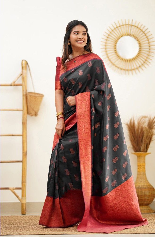 Red Black Pure Silk Banarasi Saree with Blouse