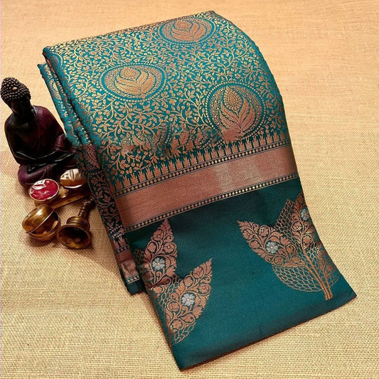 Designer Bottle Green Soft Silk Saree With Blouse