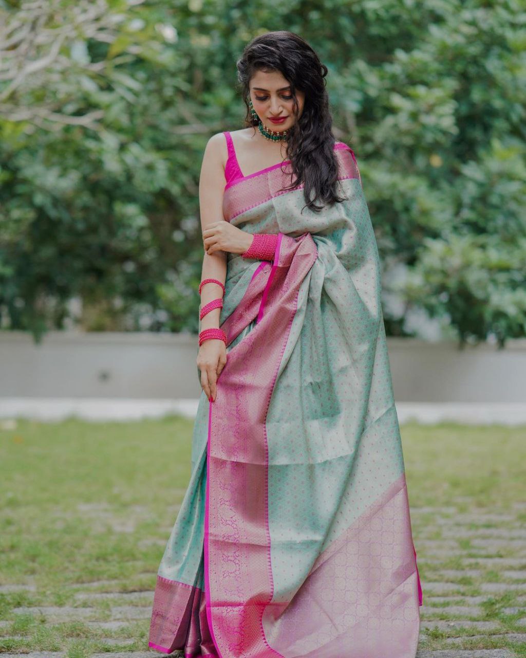 Light green embroidered silk saree with blouse - Fashionesta - 2942404