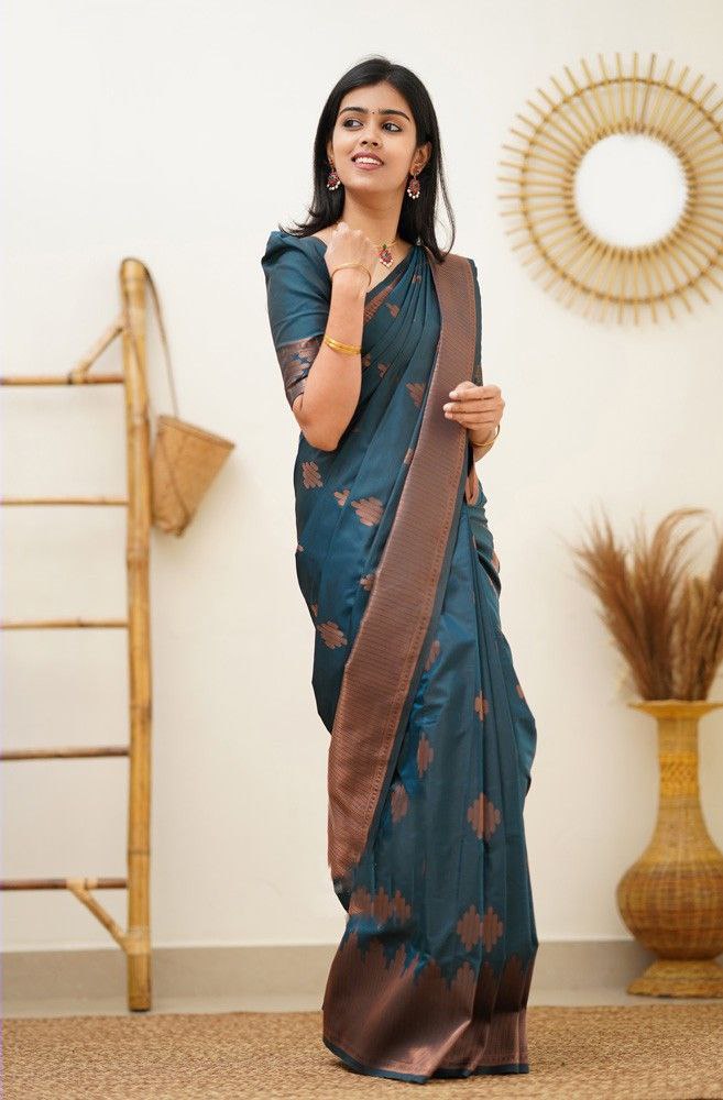 Awesome Teal Blue Color soft silk Saree For Women
