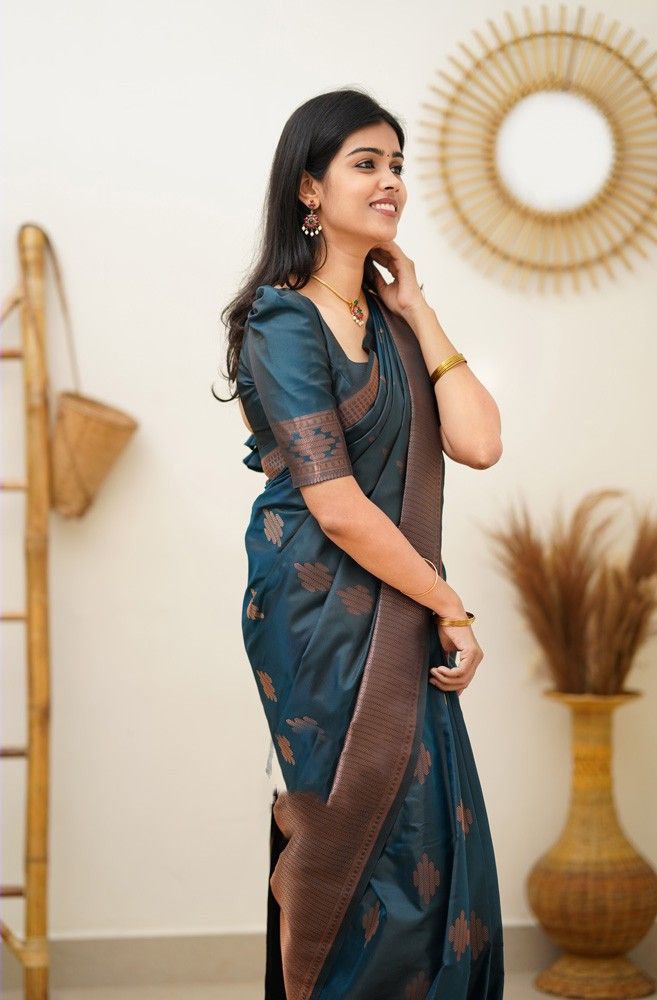 Awesome Teal Blue Color soft silk Saree For Women