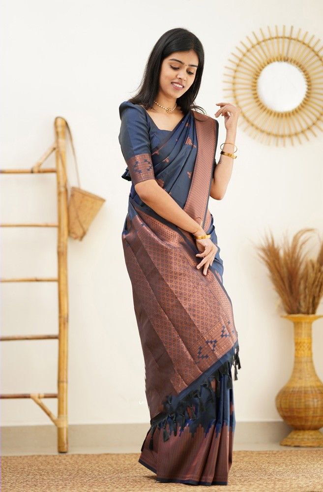 Awesome Navy Blue Color silk Saree For Women