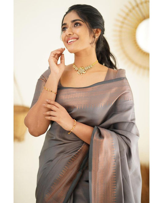 Party Wear Pattu Silk Grey Saree With Blouse