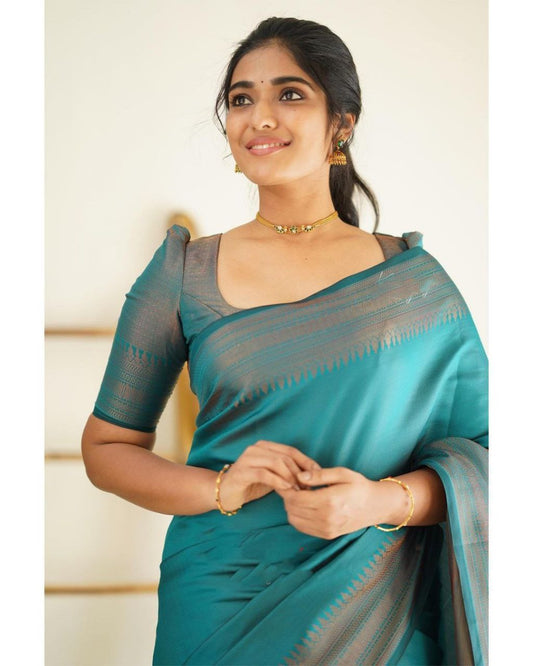 Partywear Rama Soft Silk Saree With Blouse