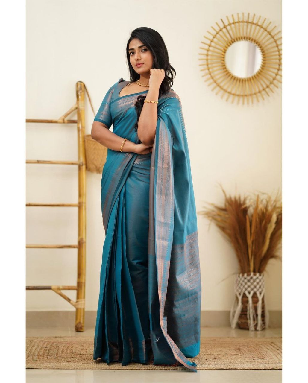 Firozi Pure Soft Silk Saree With Blouse